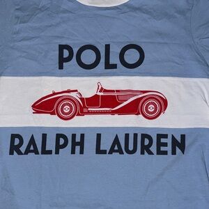 Polo by Ralph Lauren Light Blue and White Stripe Tee with Red Car Graphic